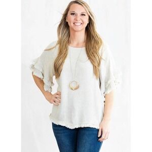Umgee USA Ruffle Sleeve Textured Knit Top Women's Size M Ivory Cream Boho